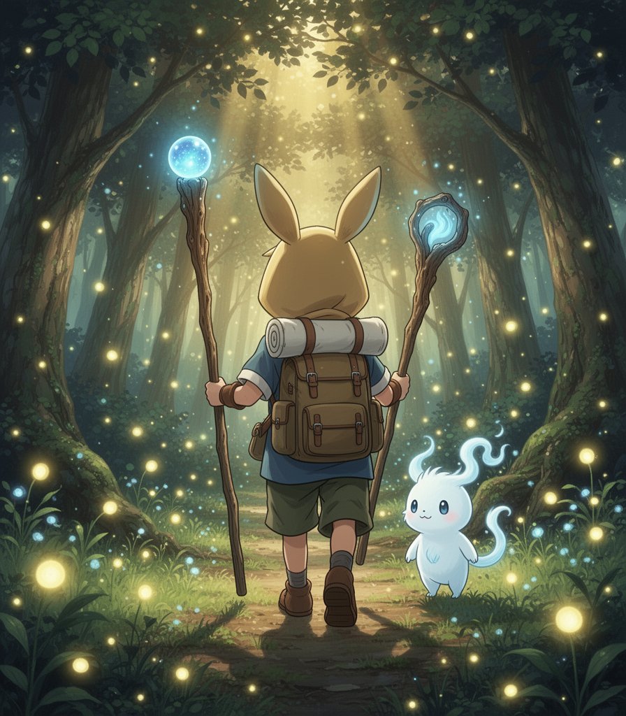 "Young adventurer with rabbit-ear hood walking through a mystical glowing fores…