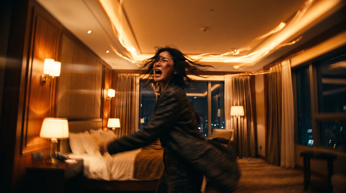 Cinematic film still, a Korean woman in a luxury hotel suite, head tilted back,…
