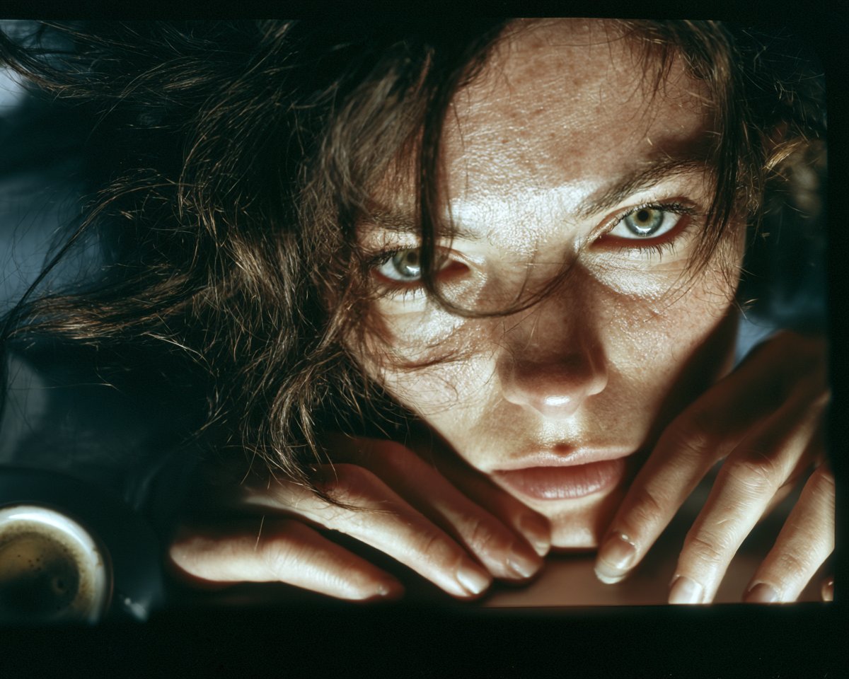 Scanography-style photograph of a beautiful young adult woman's face and hands …