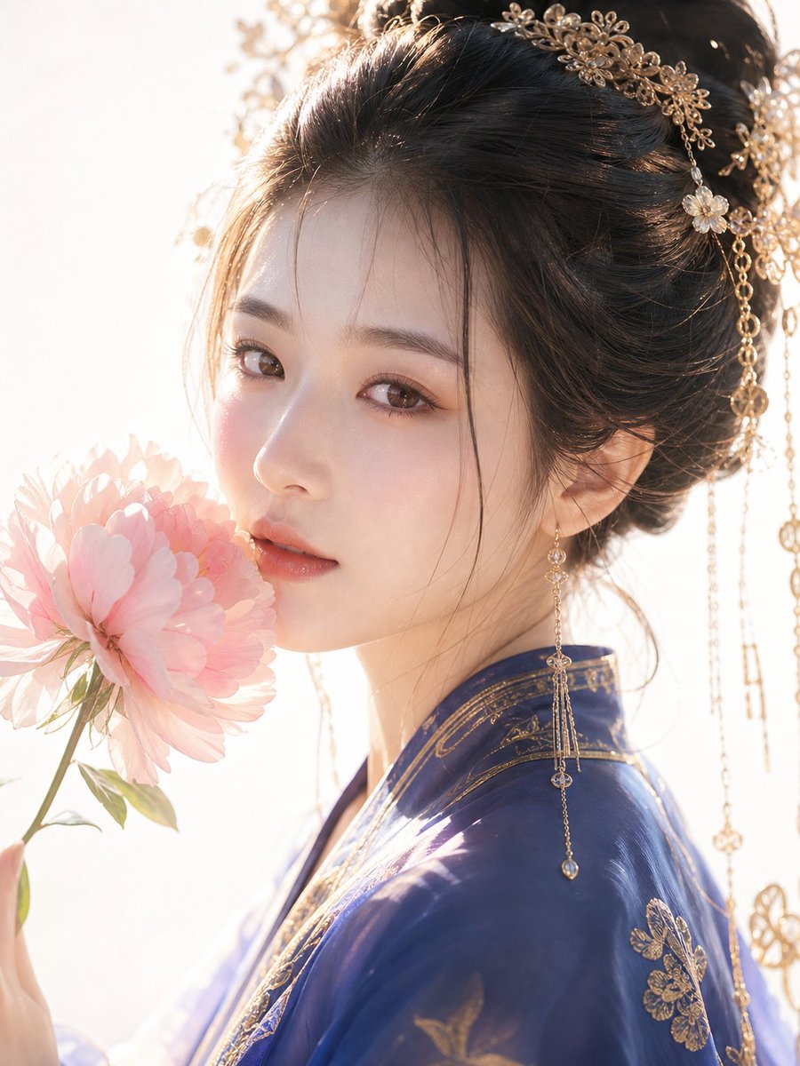 Prompt👇 --- 国风美女提示词: Close-up fine-art portrait of a graceful ancient Chinese …
