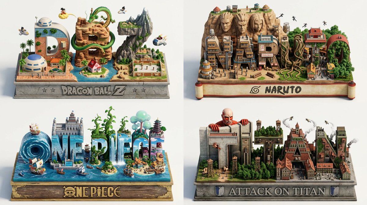 2x2 grid, 16:9, do this for 4 famous manga: Isometric 3D diorama where the word…