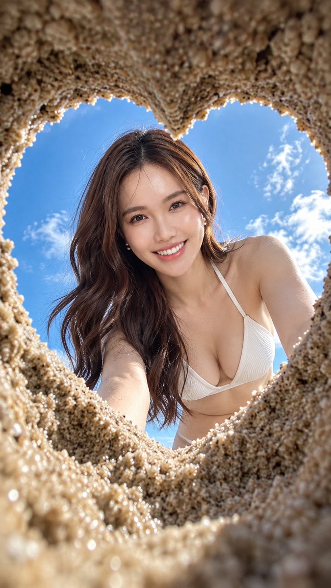 使用人物参考图,拍一张沙滩爱心洞口仰拍照片:在湿润的沙滩上挖了一个心形的小洞垂直于天空,镜头透过这个心形的沙坑特写拍摄,人物透过爱心洞口看向镜头,只露出上半身…