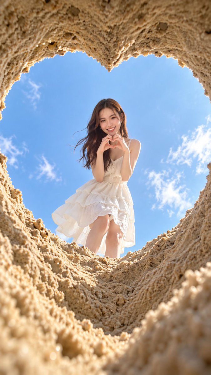 使用人物参考图，拍一张沙滩爱心洞口仰拍照片：在湿润的沙滩上挖了一个心形的小洞垂直于天空，镜头透过这个心形的沙坑特写拍摄，人物透过爱心洞口看向镜…, 图片 2