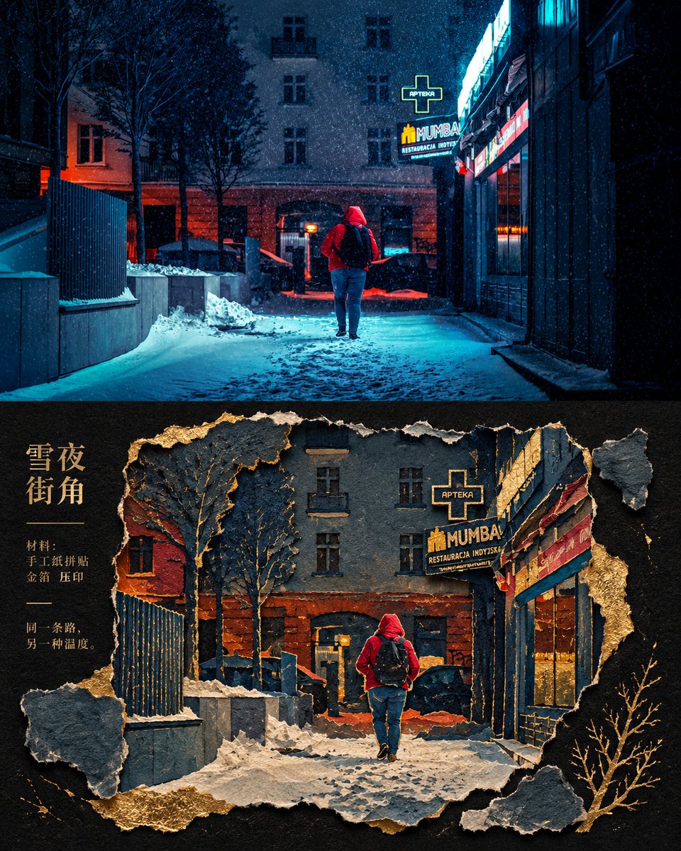 Primary request: 将输入照片转化为“鎏金古迹纸雕拼贴风”,同时保留照片事实与主体身份。 Input images: 输入照片是唯一内容来源;上…