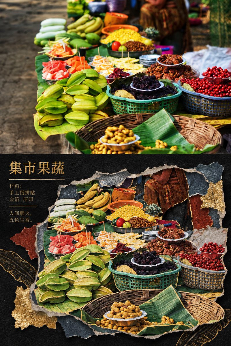 Primary request: 将输入照片转化为“鎏金古迹纸雕拼贴风”,同时保留照片事实与主体身份。, 图片 2