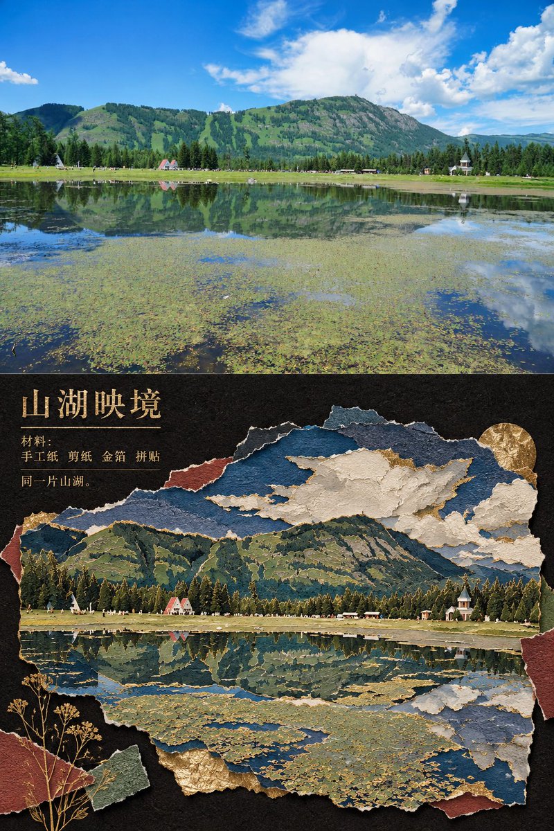 Primary request: 将输入照片转化为“鎏金古迹纸雕拼贴风”,同时保留照片事实与主体身份。, 图片 3