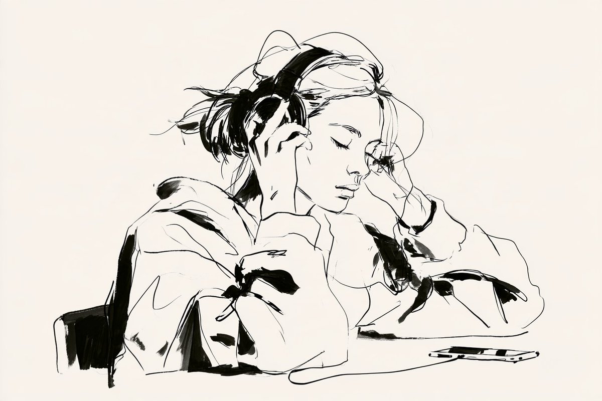 Minimalist black ink line drawing of a [subject] [simple action], wearing [clot…