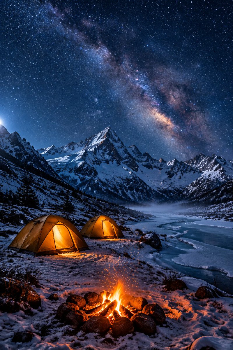 Photorealistic snowy mountain campsite under a starry night sky, cinematic vert…