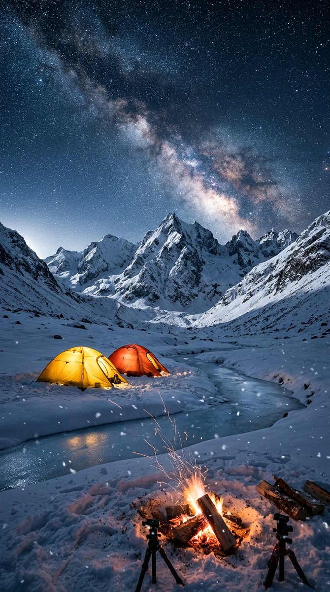 星空下雪山的照片级写实露营地，电影感竖向风景，8K 超精细细节。午夜时分的偏远高山山谷，澄澈晴空。主体细节：两顶散发着光芒的圆顶帐篷，入口处溢…, 图片 2