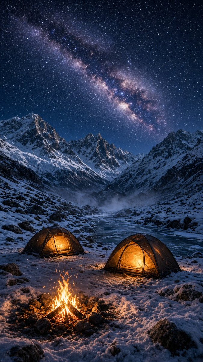 星空下雪山的照片级写实露营地，电影感竖向风景，8K 超精细细节。午夜时分的偏远高山山谷，澄澈晴空。主体细节：两顶散发着光芒的圆顶帐篷，入口处溢…, 图片 3