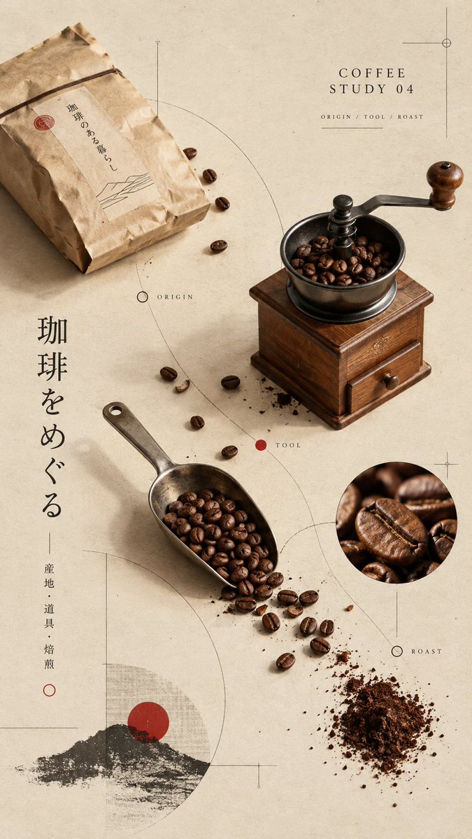 请创作 4 张相互独立的「日式编辑咖啡海报」,四张图属于同一个系列,但每张必须拥有不同的主体表现、构图路径和视觉事件,不得只更换颜色或品牌名。, 图片 4