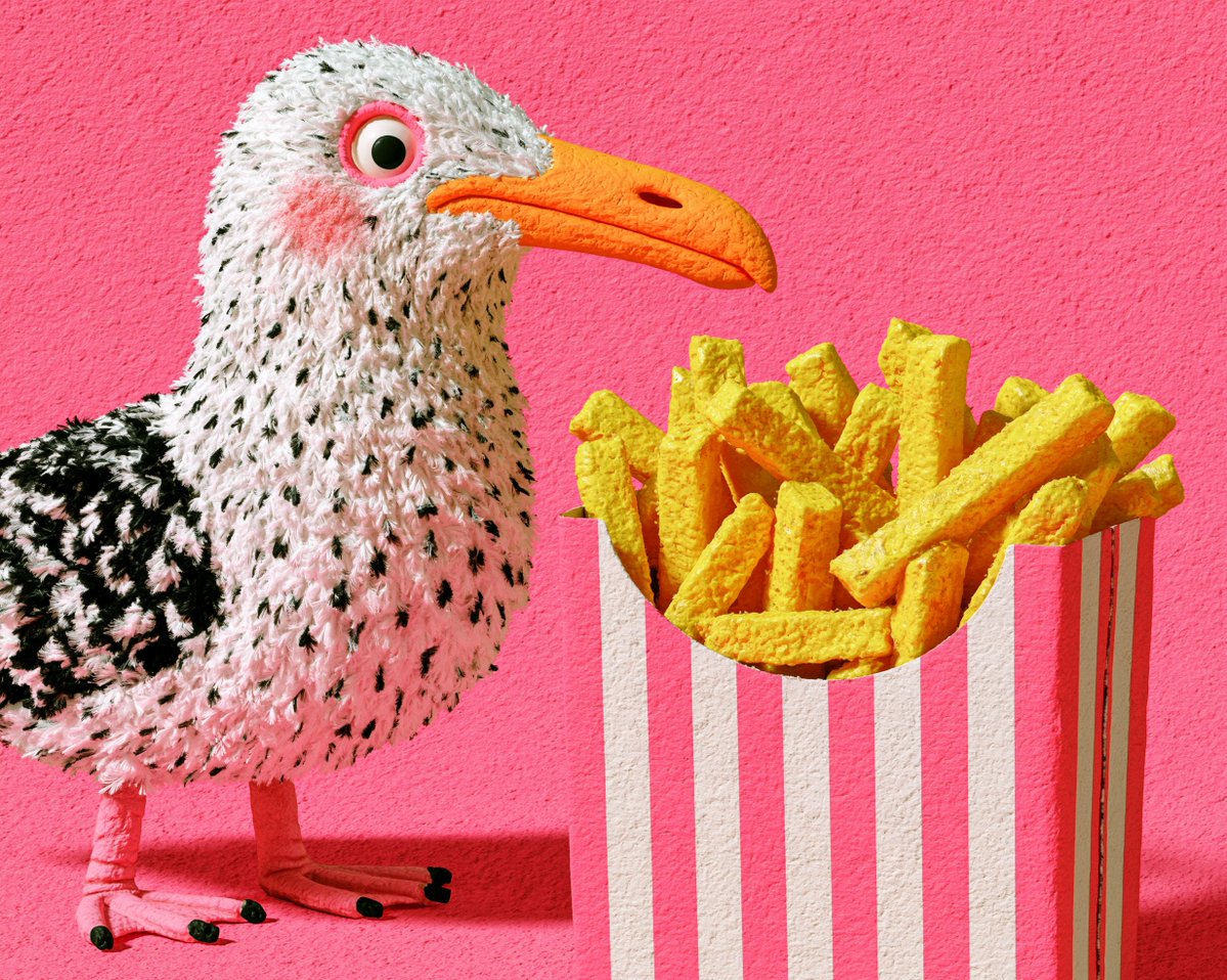 A charming, whimsical illustration of a seagull standing beside an open box of …
