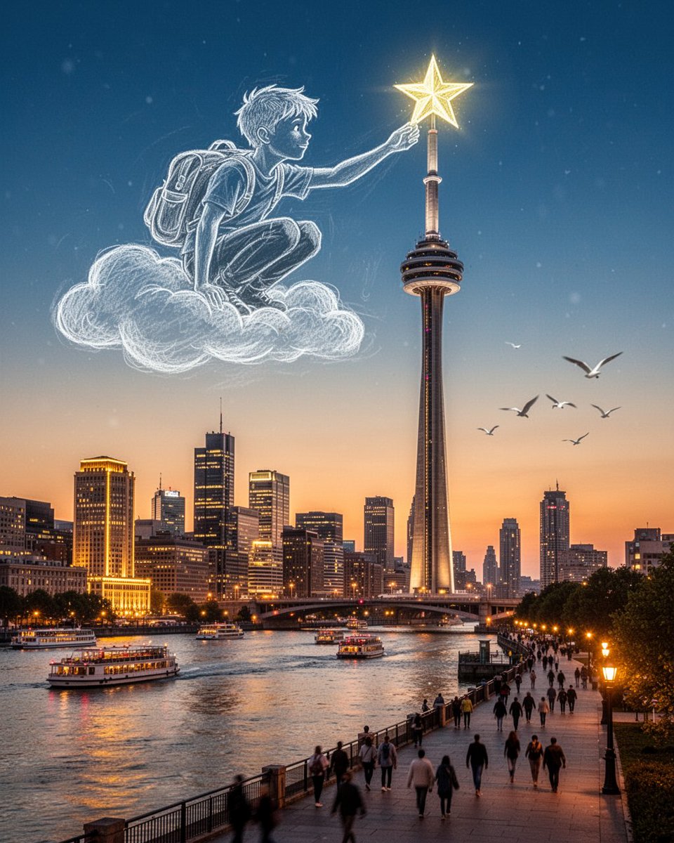 A dreamy composite image: above a photorealistic dusk city skyline, a white cha…