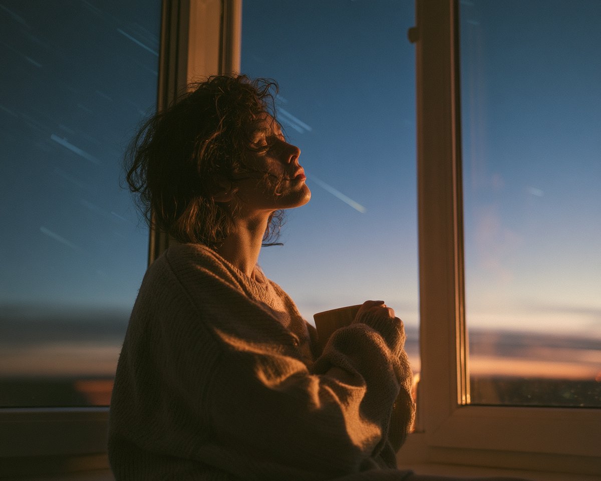 Long-exposure photograph of a beautiful young adult woman standing at a window …