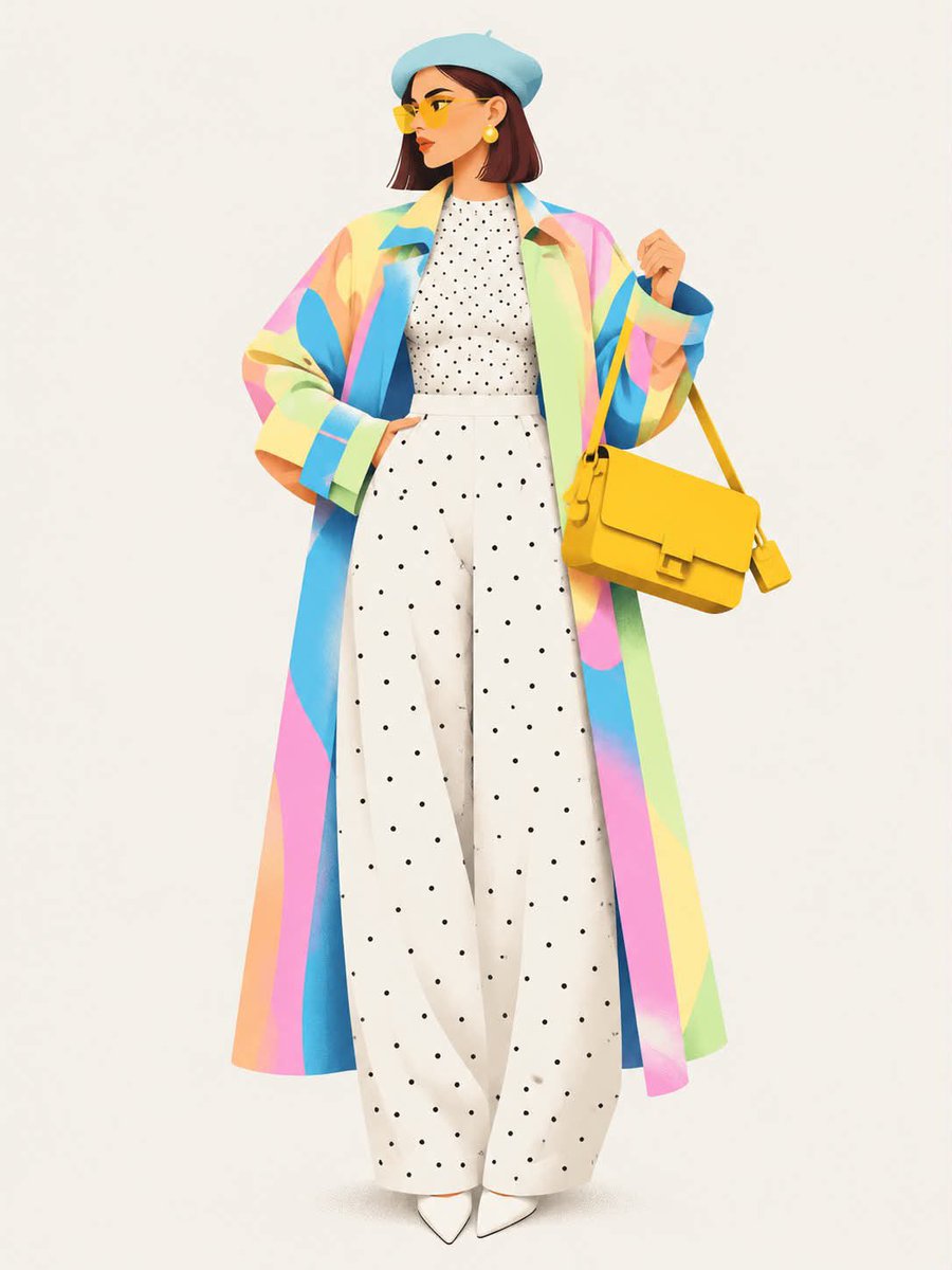 Create a high-end editorial fashion illustration of a stylish woman wearing a b…