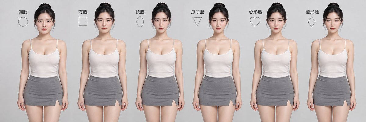 生成一张 1:6 超宽横幅对比图,并排展示 6 位成年东方女性,低领胸型、细腰、短裙,身高、体型、身材比例、站姿、服装、发型、妆容、光线、机位全部一致;仅脸型…