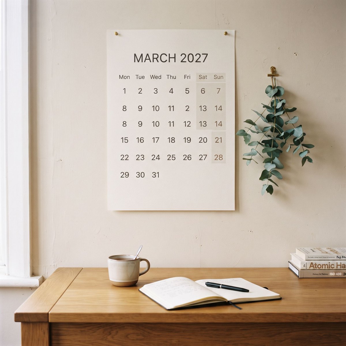 A minimalist paper wall calendar for March 2027 with weeks beginning on Monday,…