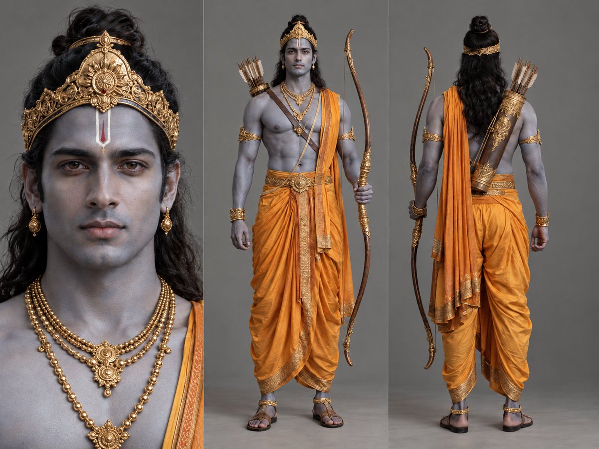 Photorealistic character sheet of Rama, a young athletic warrior with subtly da…