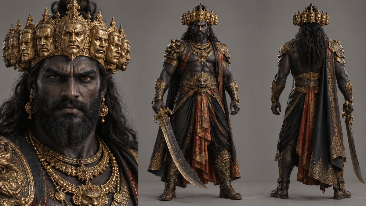 Photorealistic character sheet of Ravana, an enormous and imposing mythological…
