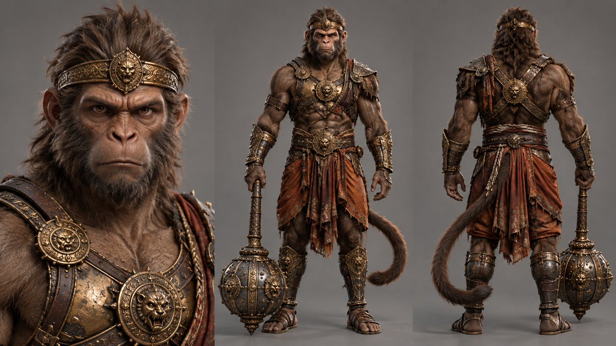 Ultra-photorealistic character sheet of a Vanara warrior from the Ramayana, a p…