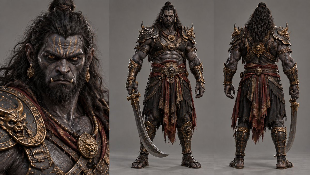 Ultra-photorealistic character sheet of a Rakshasa soldier from the Ramayana, a…