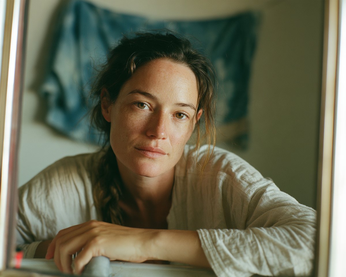 Candid photograph of a single ordinary adult woman aged 30 seen only as a refle…