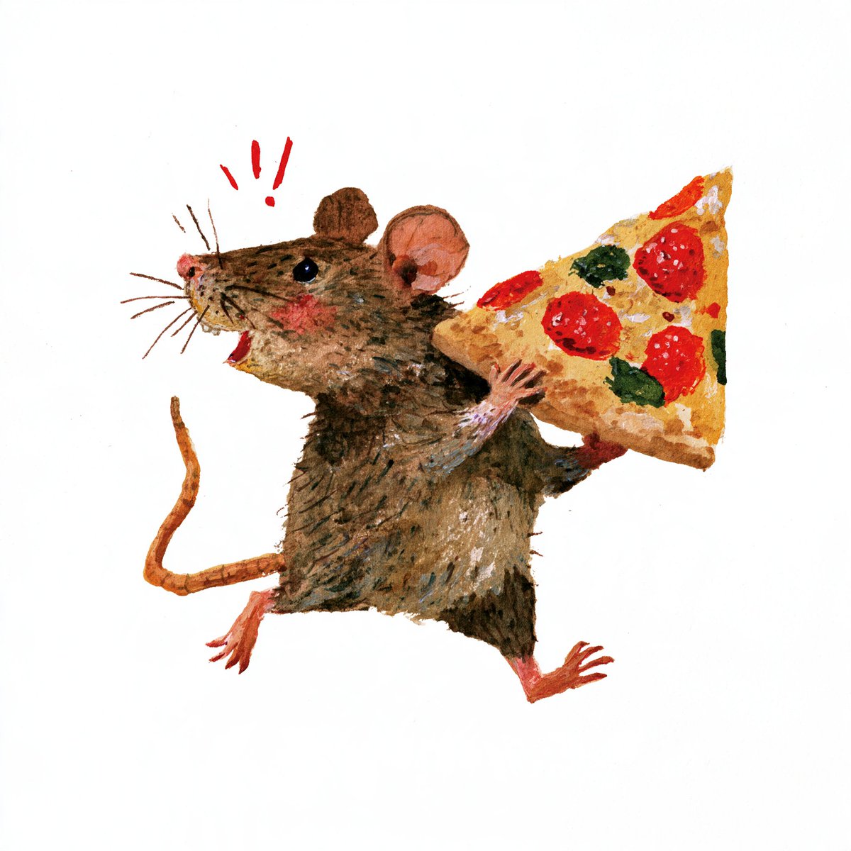 hand-drawn illustration of a lively rat sprinting away with a freshly topped sl…