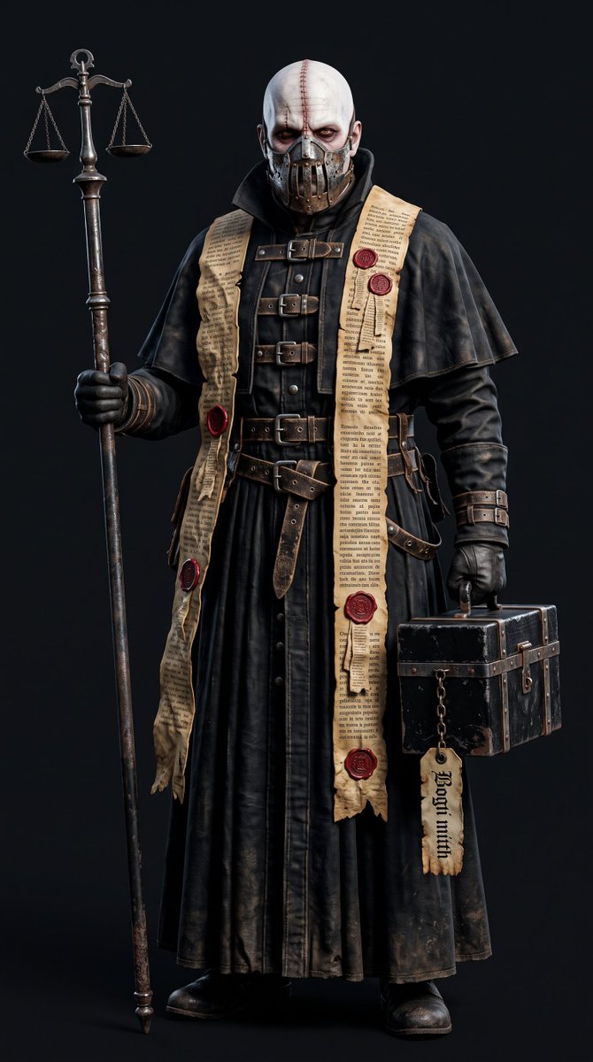 a dark fantasy inquisitor depicted from head to toe against a flat dark backdro…