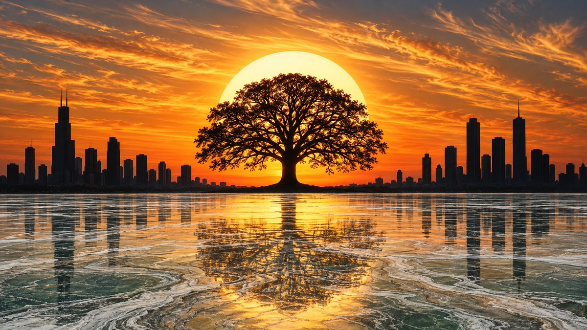 Photorealistic silhouette sunset composite, wide 16:9 panoramic composition, ci…