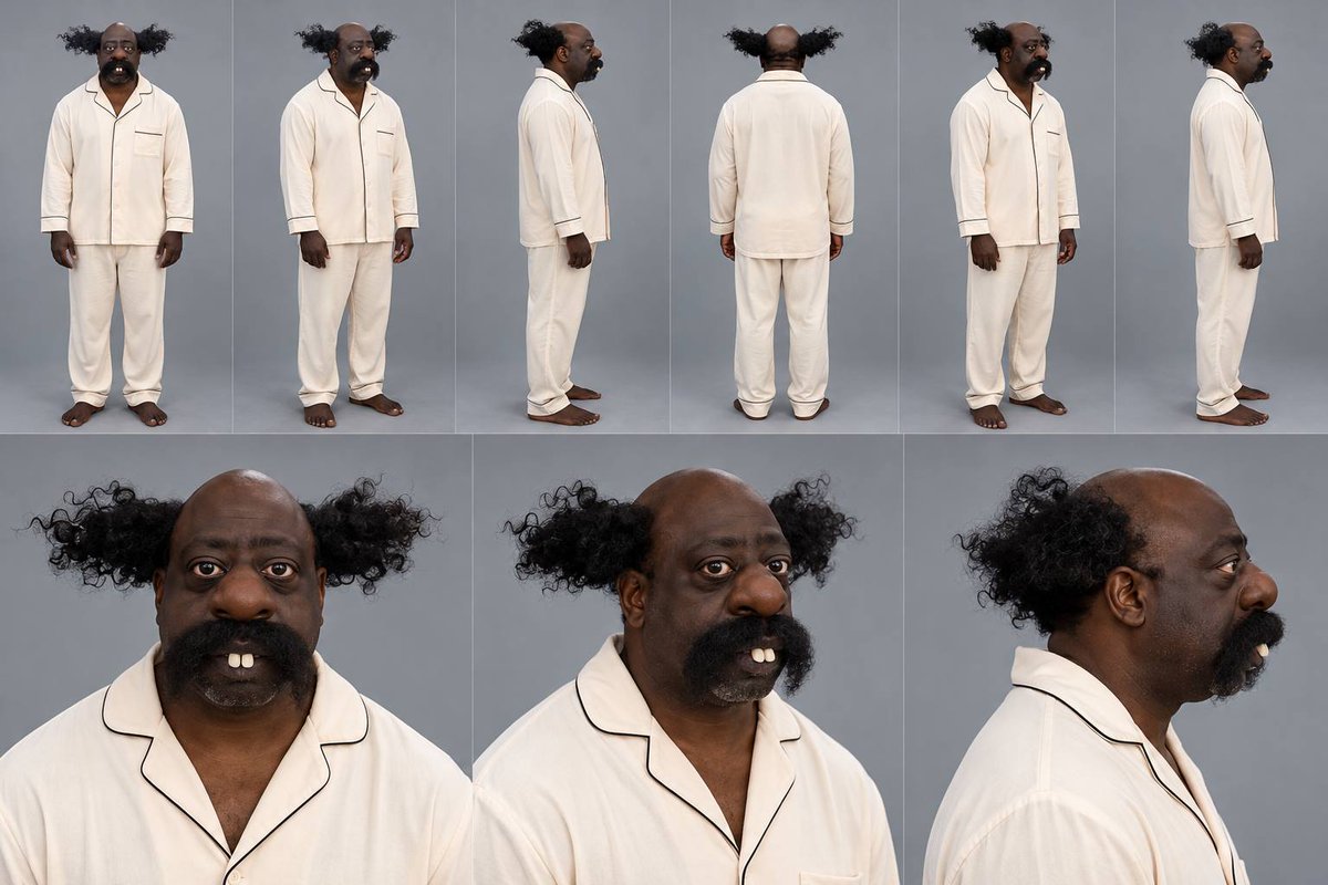The same man from the reference stands on a plain light-grey studio background …