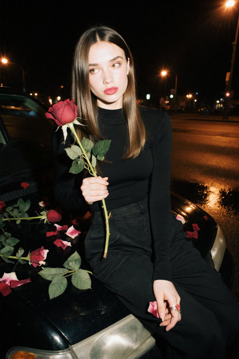 A candid nighttime flash photograph of RileyX sitting on the hood of a dark car…