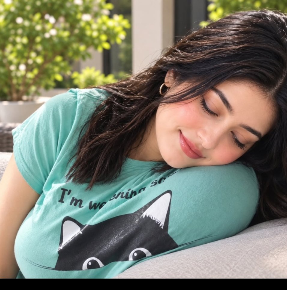 A beautiful young adult woman with long, thick, dark brown hair, resting her he…
