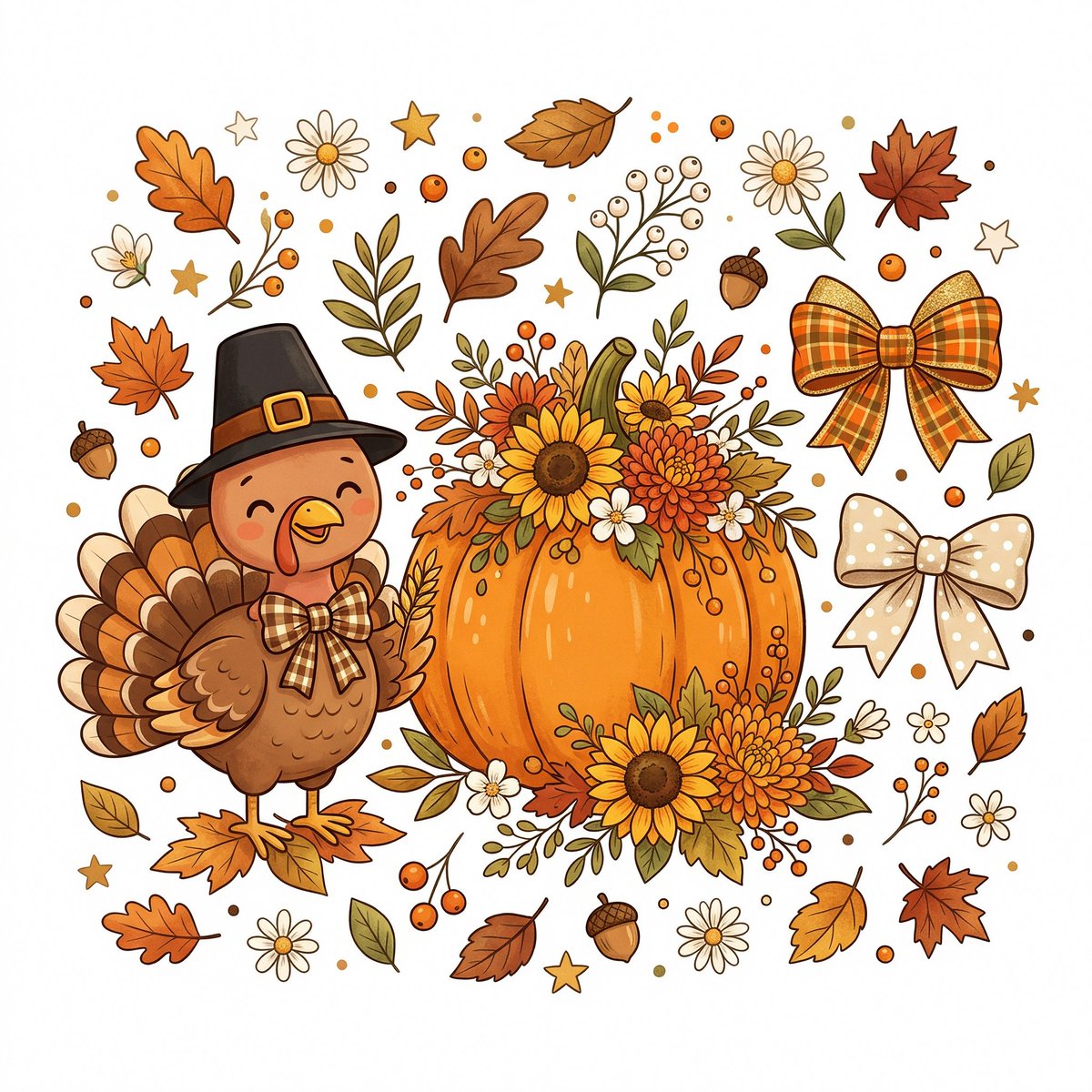 A festive Thanksgiving-themed composition on a plain blank white background, fe…